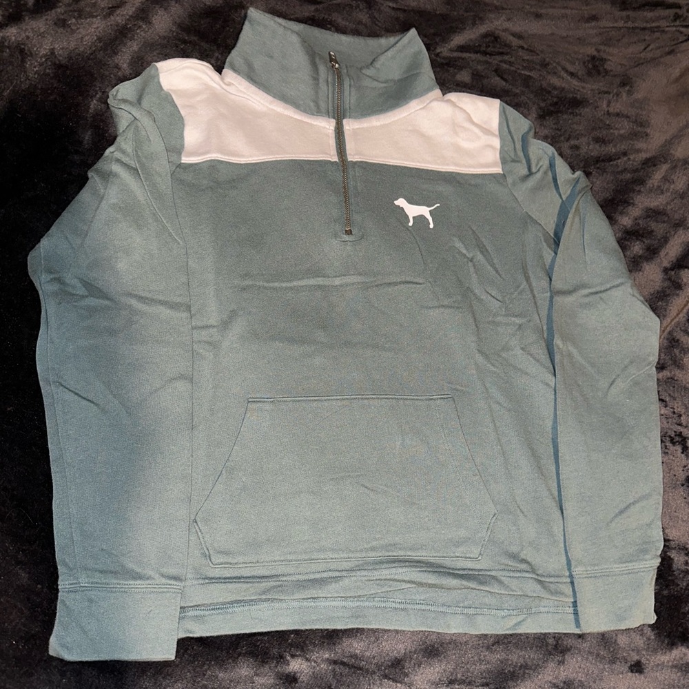 Victoria Secret PINK Olive Green and White Quarter Zip Sweatshirt